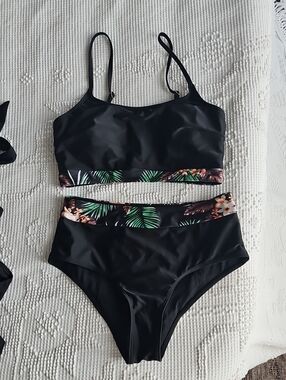SHEIN Black Bikini Set with Green & Brown Tropical Trim